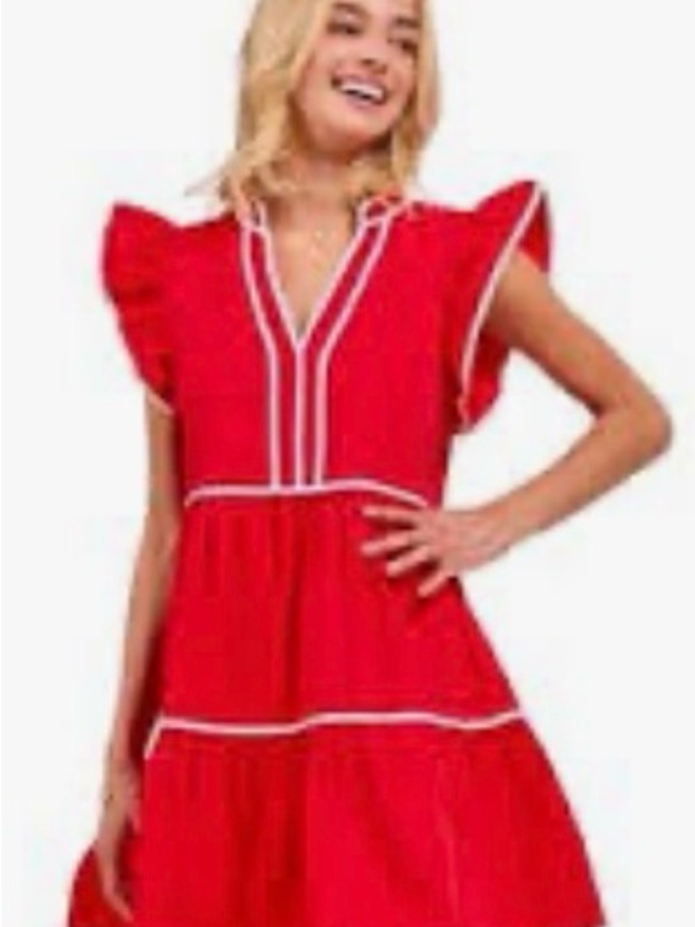 BiBi Cherry Red Tiered Cotton Dress with White Piping Trim